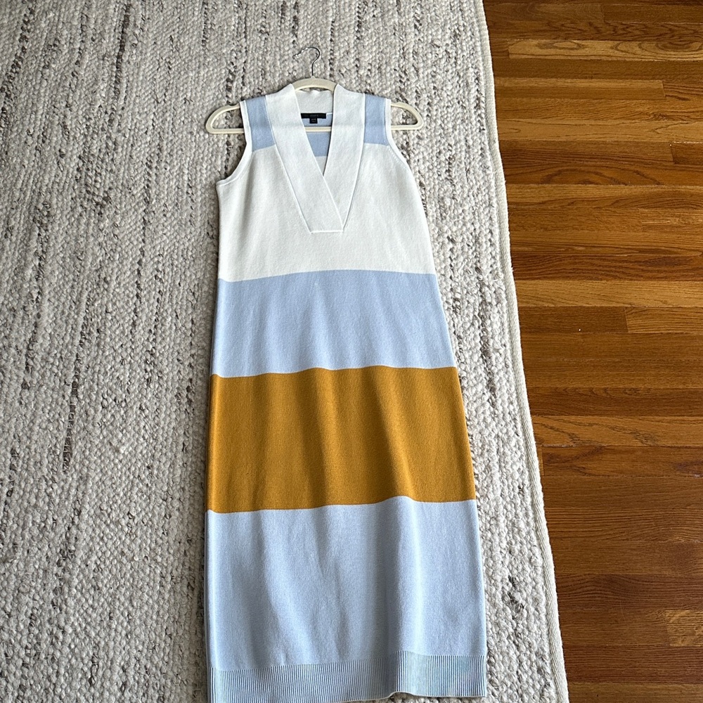 J. Crew Sleeveless Color Block Midi Dress in White, Blue, and Gold